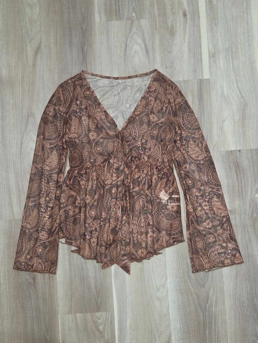 •Shein• Womens Brown Paisley Boho Sheer Blouse